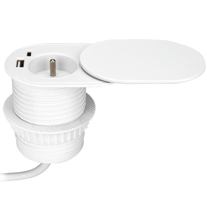 Gniazdo meblowe O6cm, wpuszczane w blat z przesuwną pokrywką, ładowarką USB i przewodem 1,9m, 1x2P+Z