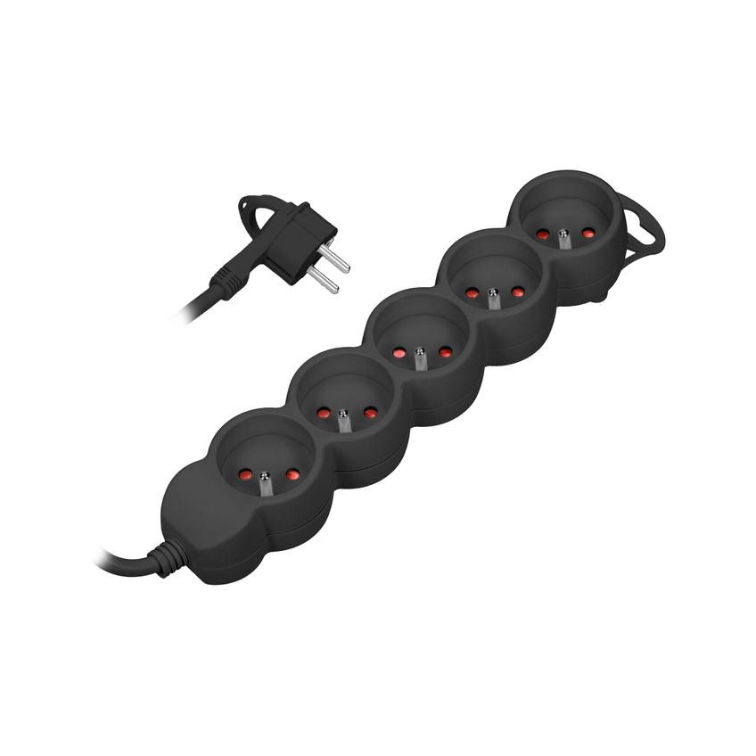 Przedłużacz 5-krotny 2P+Z, 3m H05VV-F 3x1,5mm2, Imax=16A, płaska wtyczka, czarny