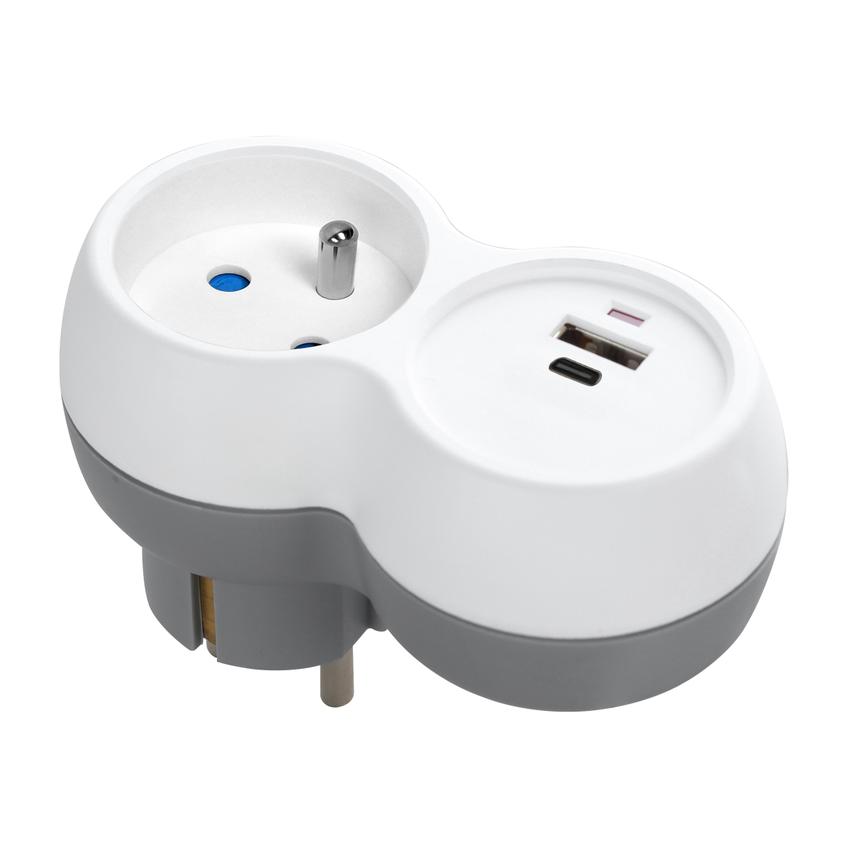 Rozgałęźnik 2P+Z, USB-A+C, biało-szary