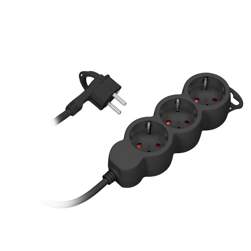 Przedłużacz 3-krotny 2P+Z (Schuko), 5m H05VV-F 3x1,5mm2, Imax=16A, płaska wtyczka, czarny