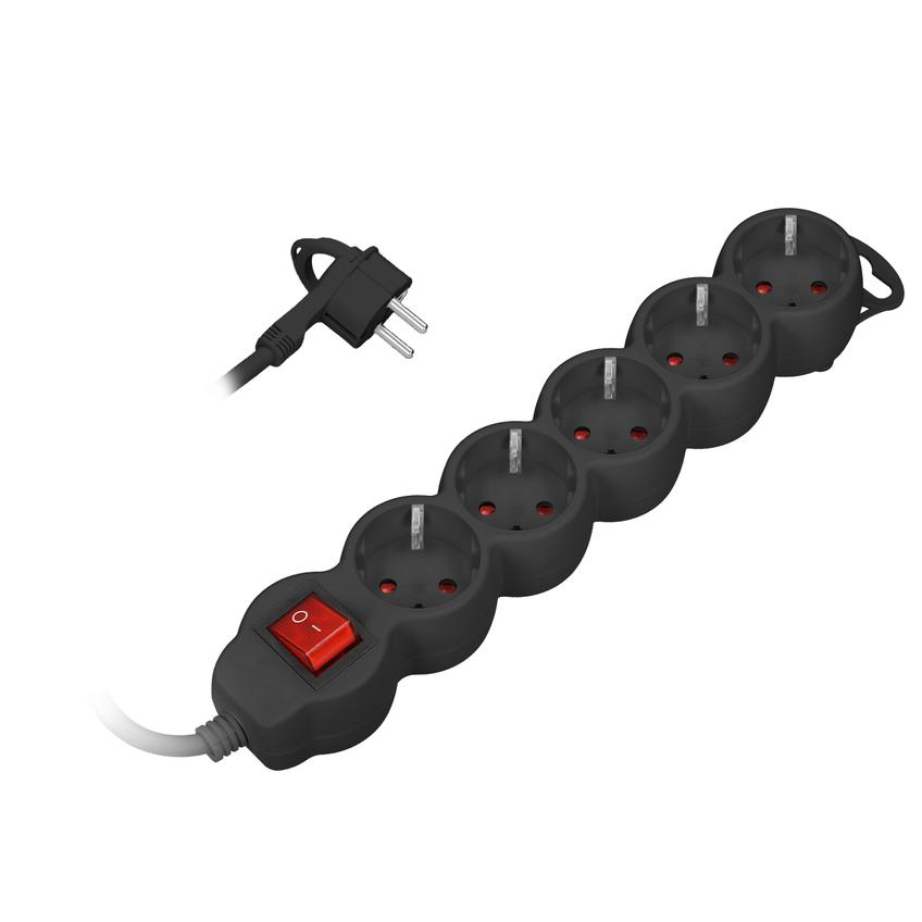 Przedłużacz 5-krotny 2P+Z (Schuko), z wyłącznikiem, 3m H05VV-F 3x1,5mm2, Imax=16A, płaska wtyczka, c