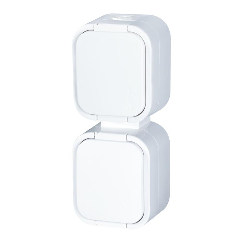 Gniazdo podwójne natynkowe 2x2P+Z, bryzgoszczelne z klapką, pionowe B2, IP54, NT-6B2/P, biały