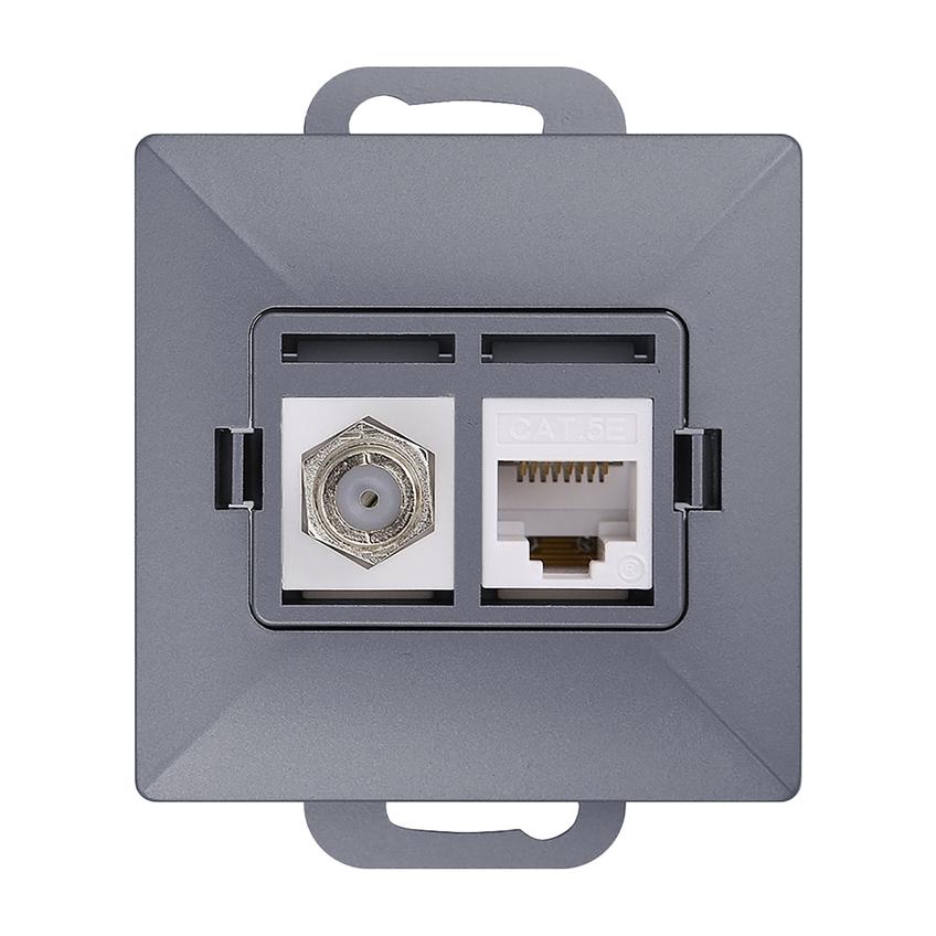 Gniazdo pojed. typu F + Gniazdo 1xRJ45 Cat6 Pearl, TV/F+RJ45/P, antracyt